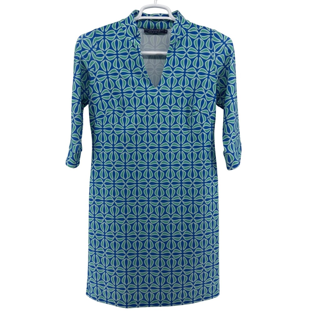 Katherine Way Womens Blue Green Geometric Leaf Print Split Neck Shift Dress M